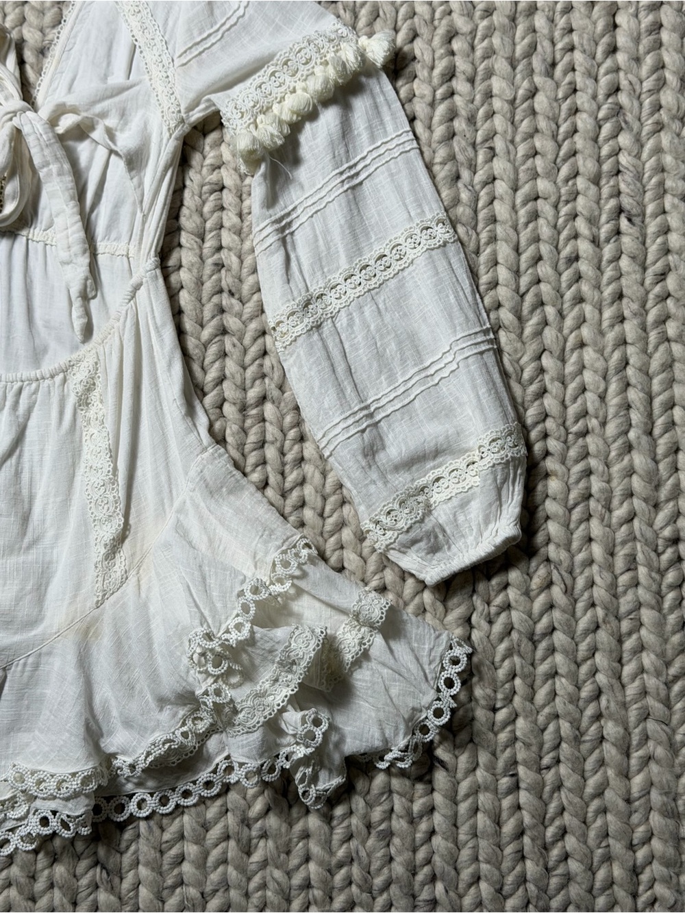 HEMANT & NANDITA-Boho Lace Trim White Mini Dress - Picture 7 of 8